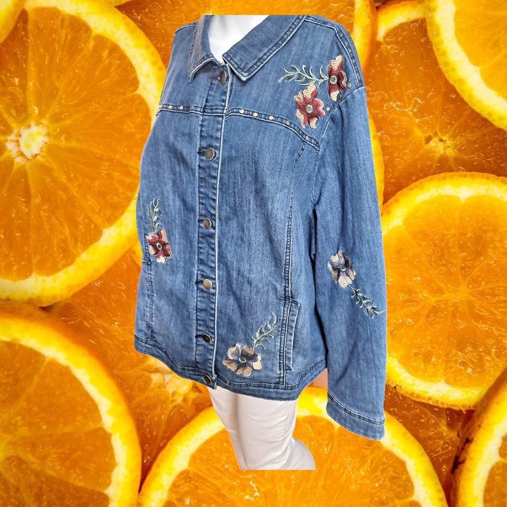 CJ Banks Denim‎ Jacket Embroidered Floral Studded Jean Jacket 3X